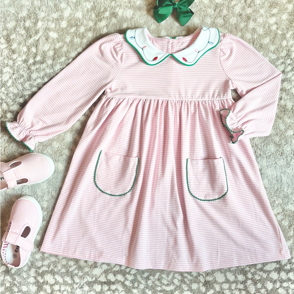 Pink Striped Pocket Dress with Christmas Lights Embroidered Collar